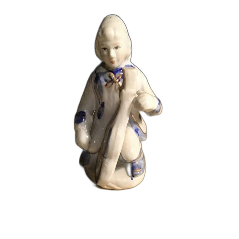 Vintage Cobalt Blue & White Porcelain Boy Figurine - Gold Trim Victorian Style